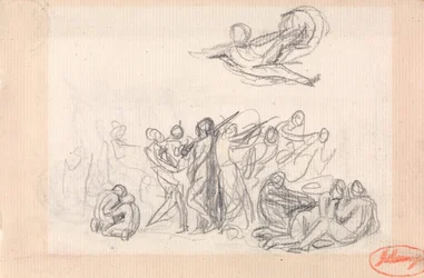 Gruppe von Figuren, mit einer fliegenden Figur darüber